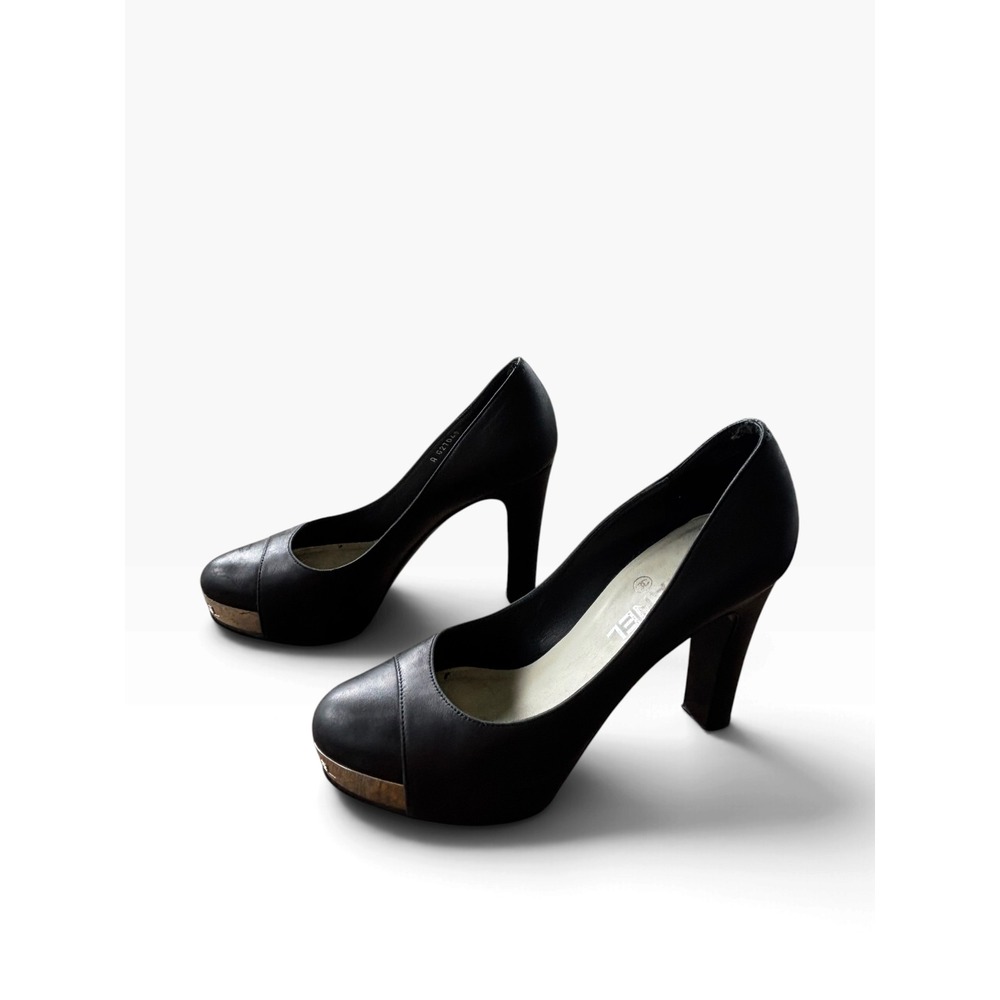 Y2K Chanel Metal Logo Plate Platform Heels 37.5 Black Leather G27049 Luxury